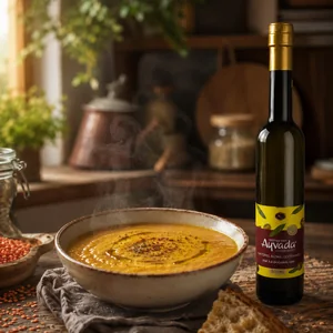 Buharı tüten mercimek çorbası kasesi, üstünde zeytinyağı gezintisi ve yanında Ayvada koyu cam 500 ml şişe