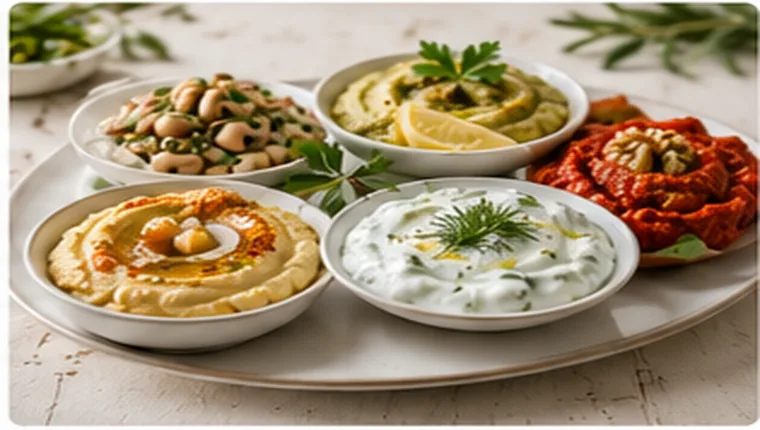 Pratik meze tarifleri için farklı zeytinyağlı mezelerin yer aldığı küçük servis tabağı