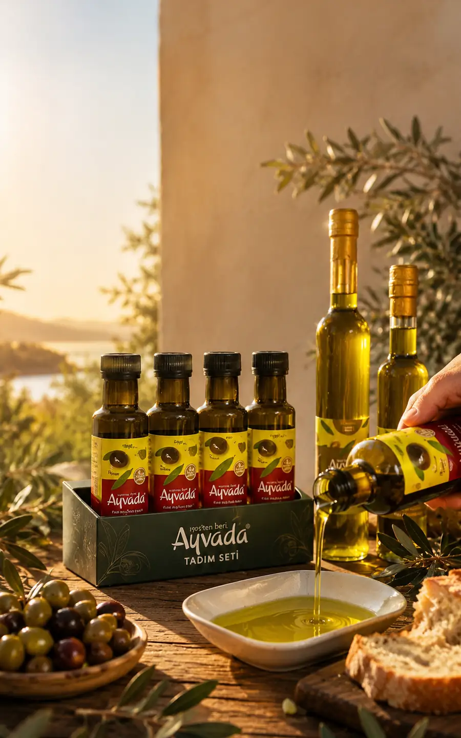 Ayvada etiketli tadım seti ile erken hasat zeytinyağı rengi