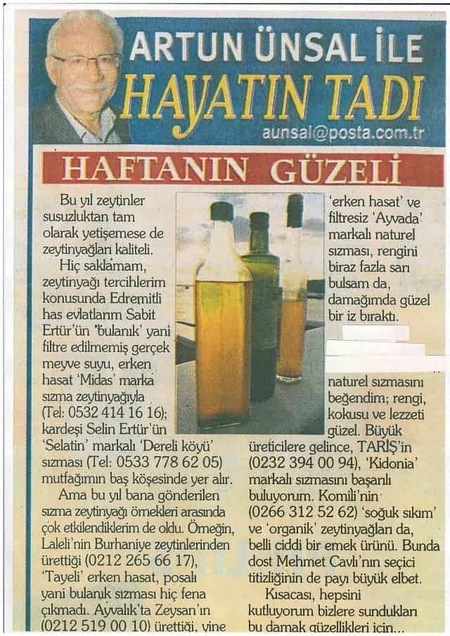 Artun Ünsal’ın Ayvada İlk Mahsul filtresiz erken hasat zeytinyağı değerlendirmesinin yer aldığı Posta Gazetesi kupürü