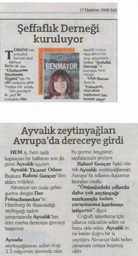 Gila Benmayor'un Ayvalık zeytinyağları ve Ayvada hakkında 2008 tarihli Hürriyet yazısı