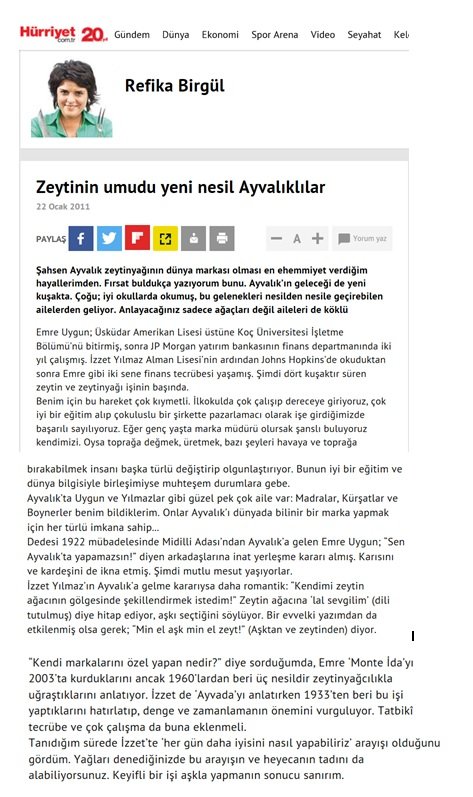 Refika Birgül’ün Ayvada zeytinyağı ve İzzet hakkındaki değerlendirmesinin yer aldığı Hürriyet gazetesi kupürü
